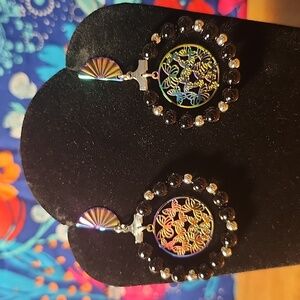 Chrome Fan & Butterflies w Silver Beads/ Black Faux Pearls Hoops